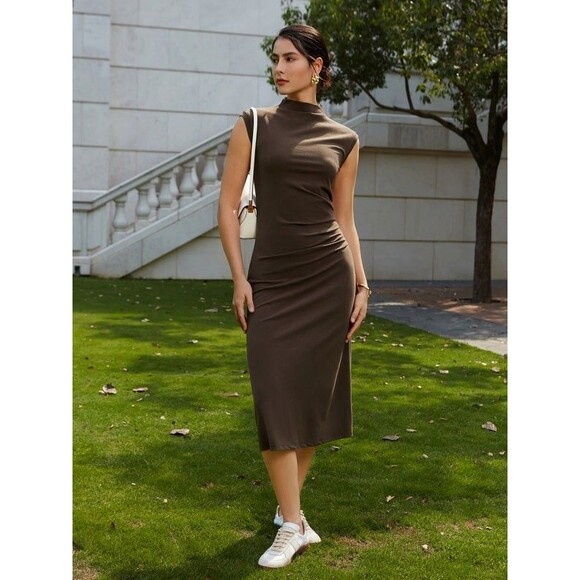 OGL Mockneck Tucks Midi Dress - Hazelnut Coco Sleeveless Brown Ruched Size PXL - Picture 2 of 15